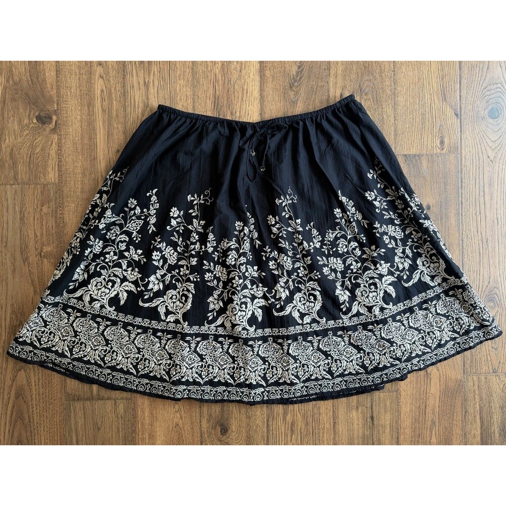 Avenue 26/28 Black Ivory Floral Scroll Print 100% Cotton Maxi Skirt Boho Plus